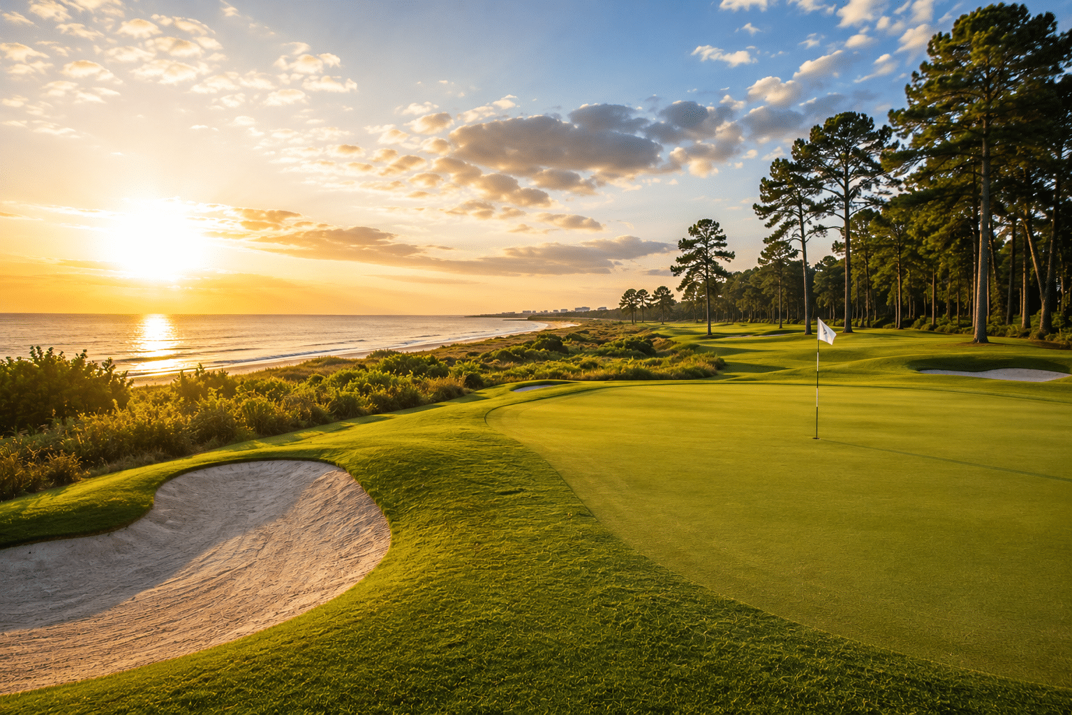 North Myrtle Beach Golf Course 23 sand trap and green representing are myrtle beach golf courses open year round