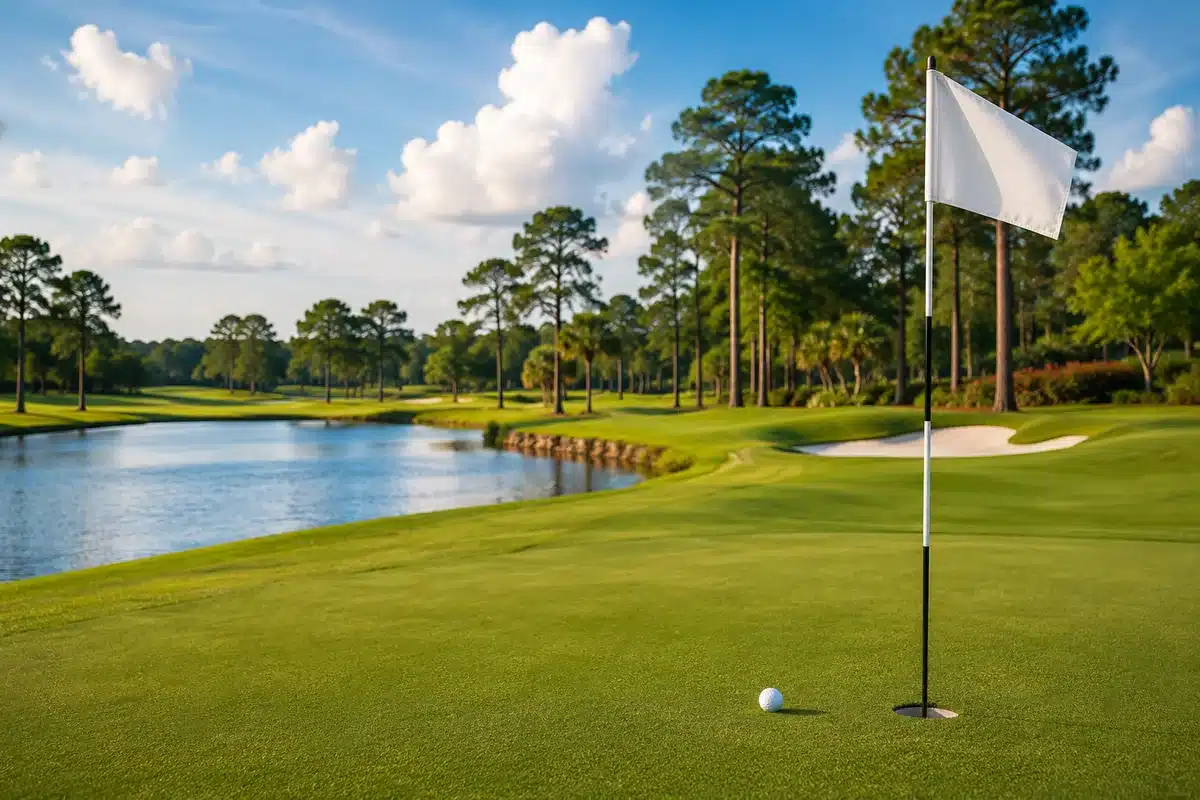 North Myrtle Beach Golf Course 25 golf ball by a hole on a green representing easiest golf courses in myrtle beach